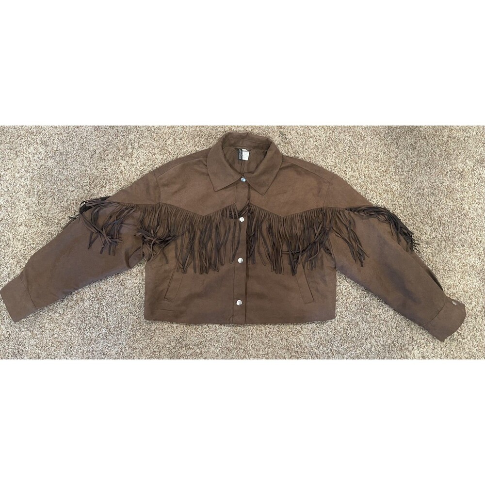 H&M Divided Womens M Brown Faux Suede Fringe Western Jacket Cropped Snap Front